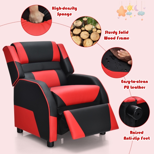 Gymax Gaming Recliner Sofa PU Leather Armchair for Kids Youth w/ Footrest Blue/Red/White/Yellow