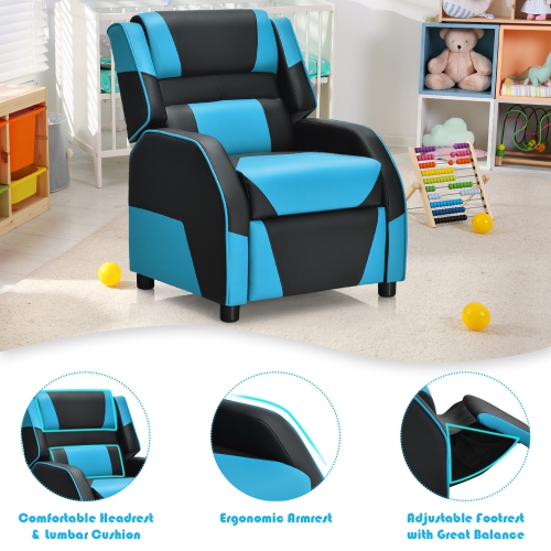 Gymax Gaming Recliner Sofa PU Leather Armchair for Kids Youth w/ Footrest Blue/Red/White/Yellow