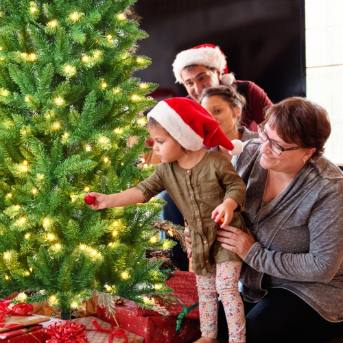 Gymax 5 ft Pre-lit Pencil Christmas Tree Hinged Fir Tree Holiday Decor w/ LED Lights