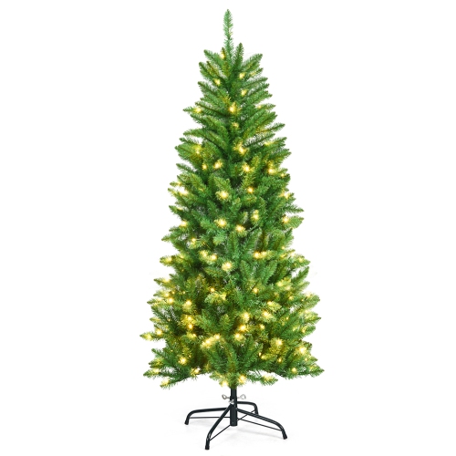 Gymax 5 ft Pre-lit Pencil Christmas Tree Hinged Fir Tree Holiday Decor w/ LED Lights