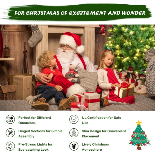 Gymax 5 ft Pre-lit Pencil Christmas Tree Hinged Fir Tree Holiday Decor w/ LED Lights