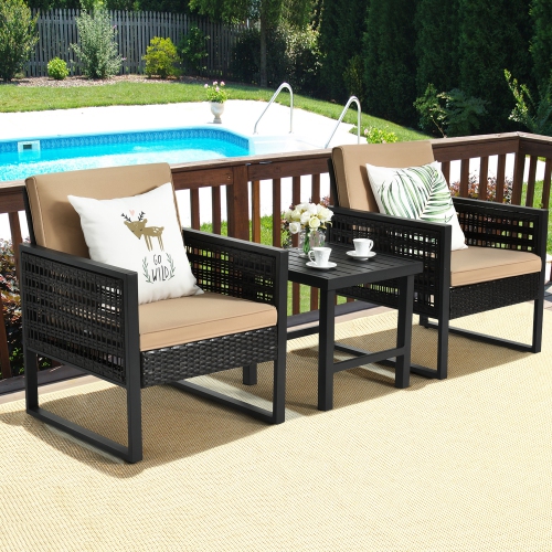 Gymax 3PCS Rattan Outdoor Bistro Set Patio Conversation Furniture Set w/ Cushions