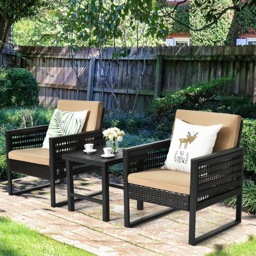 Gymax 3PCS Rattan Outdoor Bistro Set Patio Conversation Furniture Set w/ Cushions