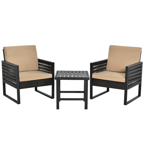 Gymax 3PCS Rattan Outdoor Bistro Set Patio Conversation Furniture Set w/ Cushions