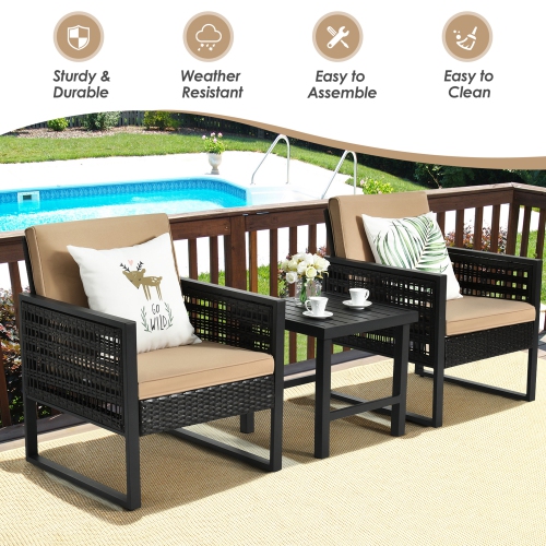 Gymax 3PCS Rattan Outdoor Bistro Set Patio Conversation Furniture Set w/ Cushions