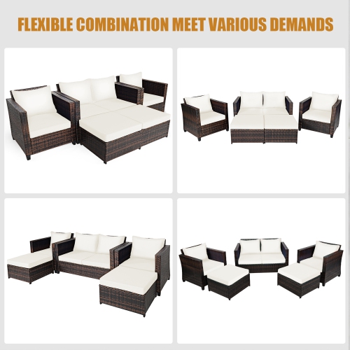 Gymax 5PCS Outdoor Patio Rattan Conversation Sofa Furniture Set w/ White Cushions