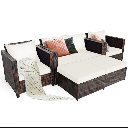 Gymax 5PCS Outdoor Patio Rattan Conversation Sofa Furniture Set w/ White Cushions