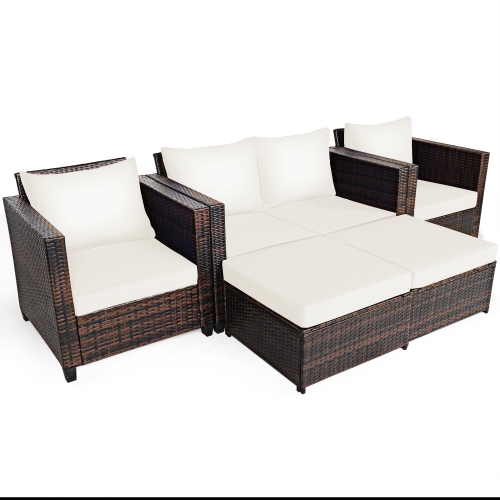 Gymax 5PCS Outdoor Patio Rattan Conversation Sofa Furniture Set w/ White Cushions