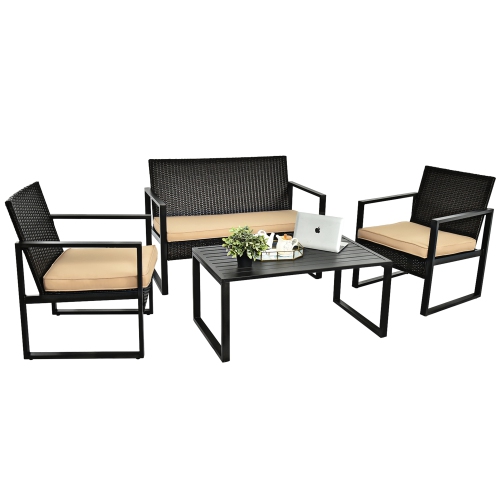 Gymax 4PCS Outdoor Wicker Rattan Furniture Set Patio Conversation Set w/ Cushions