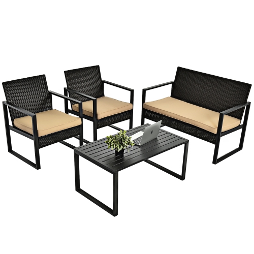 Gymax 4PCS Outdoor Wicker Rattan Furniture Set Patio Conversation Set w/ Cushions