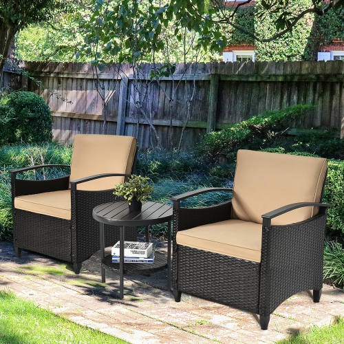 Gymax 3PCS Outdoor Wicker Bistro Set Patio Conversation Furniture Set w/ Cushions