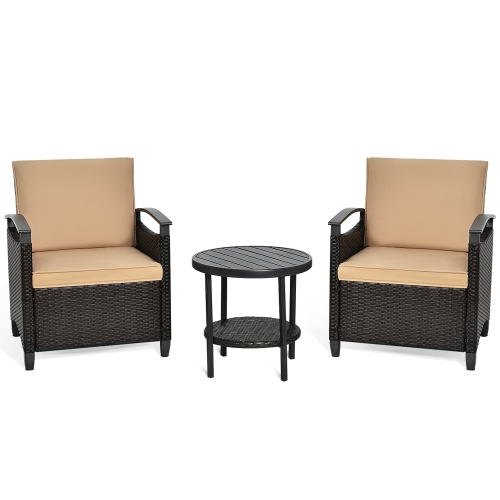 Gymax 3PCS Outdoor Wicker Bistro Set Patio Conversation Furniture Set w/ Cushions