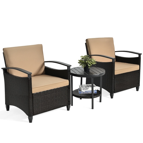 Gymax 3PCS Outdoor Wicker Bistro Set Patio Conversation Furniture Set w/ Cushions