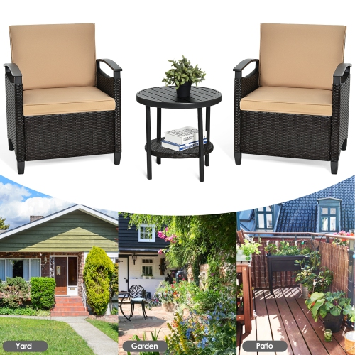 Gymax 3PCS Outdoor Wicker Bistro Set Patio Conversation Furniture Set w/ Cushions