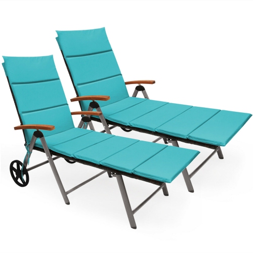 Gymax 2PCS Folding Patio Rattan Lounge Chair Cushioned Aluminum Adjust Wheel Turquoise