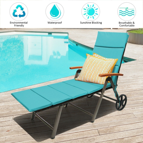 Gymax 2PCS Folding Patio Rattan Lounge Chair Cushioned Aluminum Adjust Wheel Turquoise