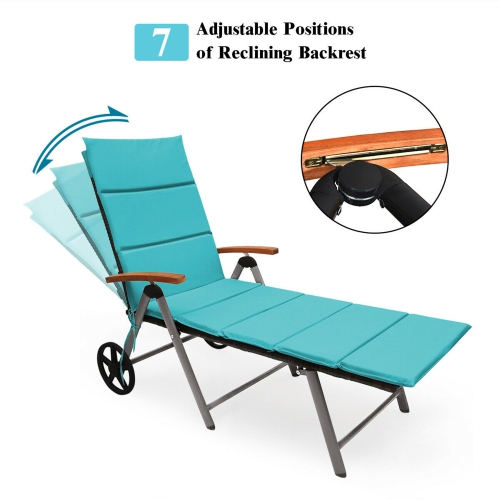 Gymax 2PCS Folding Patio Rattan Lounge Chair Cushioned Aluminum Adjust Wheel Turquoise