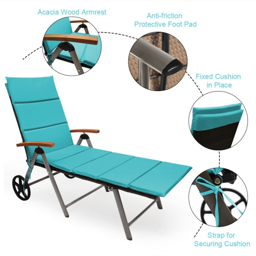 Gymax 2PCS Folding Patio Rattan Lounge Chair Cushioned Aluminum Adjust Wheel Turquoise