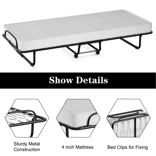 Gymax Rollaway Folding Metal Bed Memory Foam Mattress Cot Guest Made in Italy