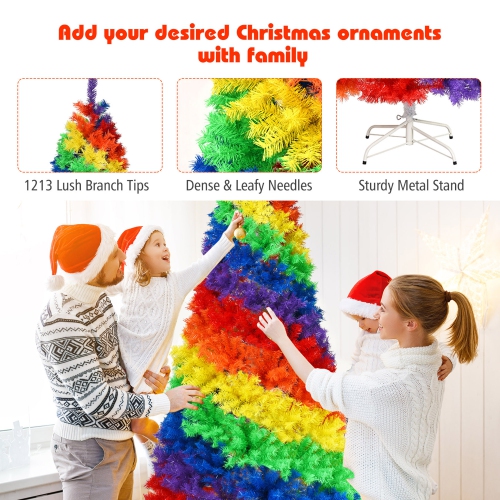Gymax 7 ft Colorful Rainbow Hinged Christmas Tree Holiday Decor w/ Metal Stand
