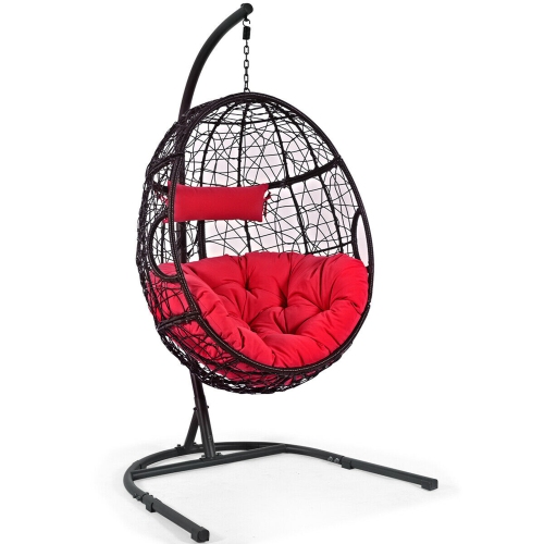 Gymax Hanging Hammock Chair Egg Swing Chair w/ Red Cushion Pillow Stand