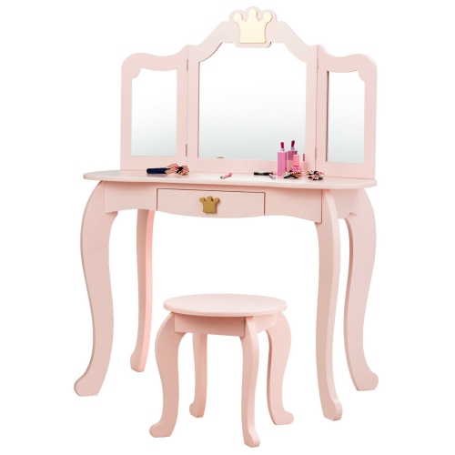 GYMAX  Makeup Dressing Table Chair Set Princess Vanity & Tri-Folding Mirror In Pink