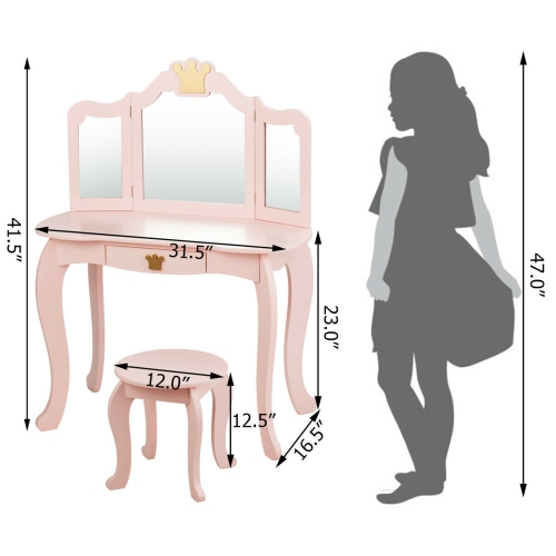 Gymax Makeup Dressing Table Chair Set Princess Vanity & Tri-folding Mirror Pink