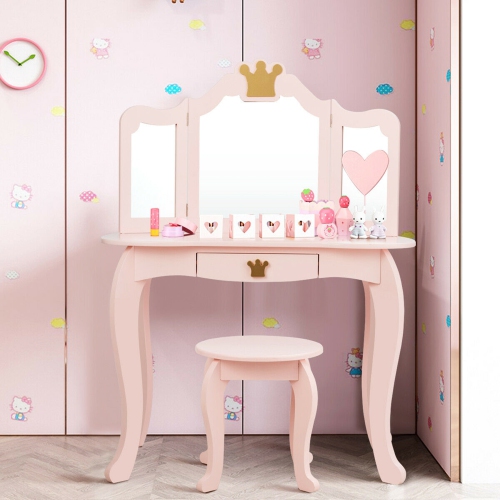 Gymax Makeup Dressing Table Chair Set Princess Vanity & Tri-folding Mirror Pink