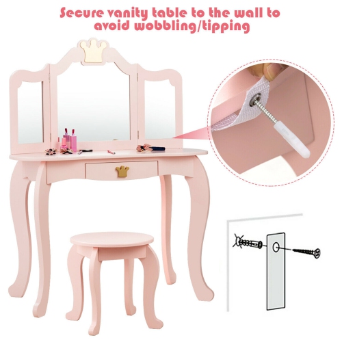 Gymax Makeup Dressing Table Chair Set Princess Vanity & Tri-folding Mirror Pink