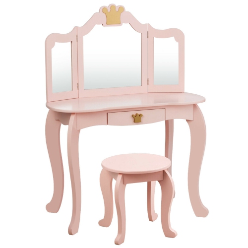Gymax Makeup Dressing Table Chair Set Princess Vanity & Tri-folding Mirror Pink