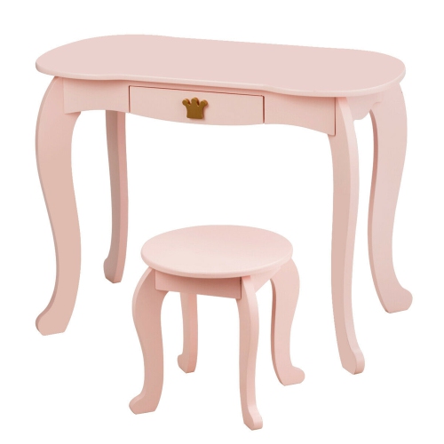 Gymax Makeup Dressing Table Chair Set Princess Vanity & Tri-folding Mirror Pink
