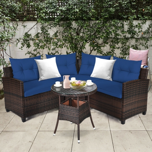 GYMAX  4PCs Patio Furniture Set Outdoor Rattan Sectional Sofa Set W/ Cushions In Navy