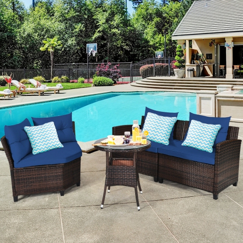Gymax 4PCS Patio Furniture Set Outdoor Rattan Sectional Sofa Set w/ Navy Cushions