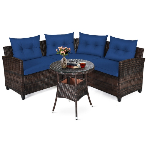 Gymax 4PCS Patio Furniture Set Outdoor Rattan Sectional Sofa Set w/ Navy Cushions