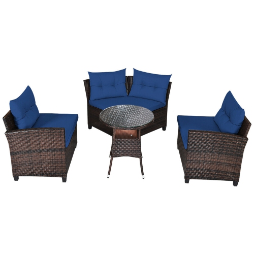 Gymax 4PCS Patio Furniture Set Outdoor Rattan Sectional Sofa Set w/ Navy Cushions