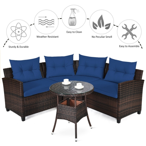 Gymax 4PCS Patio Furniture Set Outdoor Rattan Sectional Sofa Set w/ Navy Cushions