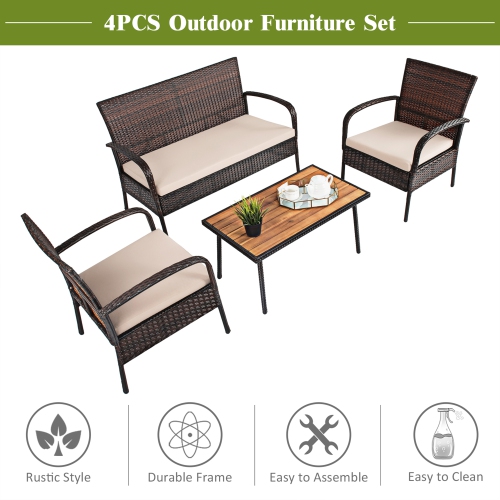 Gymax 4PCS Cushioned Rattan Patio Conversation Set Outdoor Furniture Set