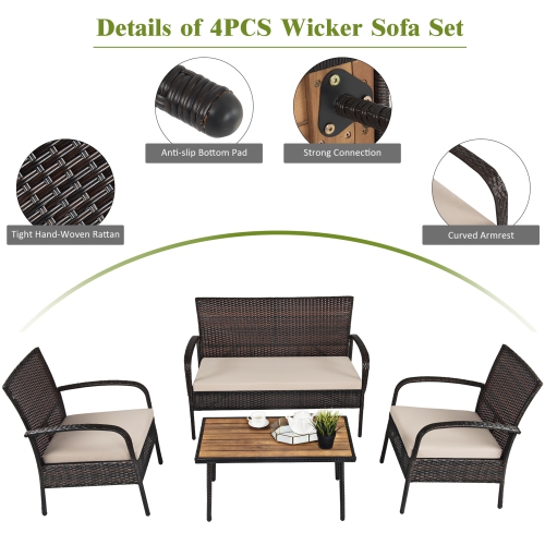 Gymax 4PCS Cushioned Rattan Patio Conversation Set Outdoor Furniture Set