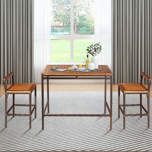 Gymax 3PCS Patio Bar Set Dining Set Outdoor Furniture Set w/ Wooden Tabletop