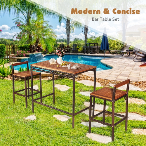 Gymax 3PCS Patio Bar Set Dining Set Outdoor Furniture Set w/ Wooden Tabletop