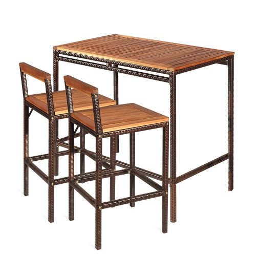 Gymax 3PCS Patio Bar Set Dining Set Outdoor Furniture Set w/ Wooden Tabletop