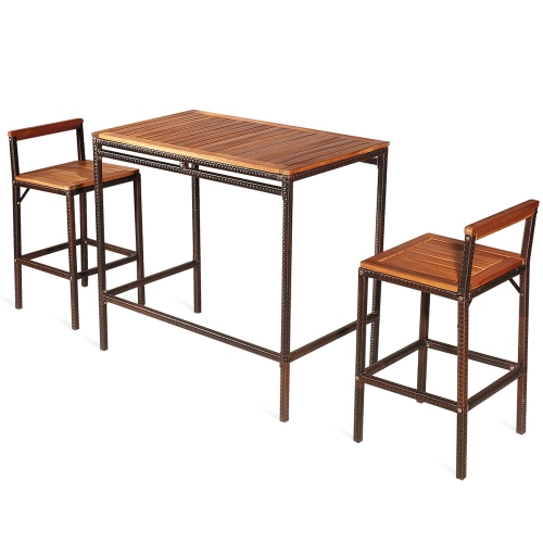 Gymax 3PCS Patio Bar Set Dining Set Outdoor Furniture Set w/ Wooden Tabletop