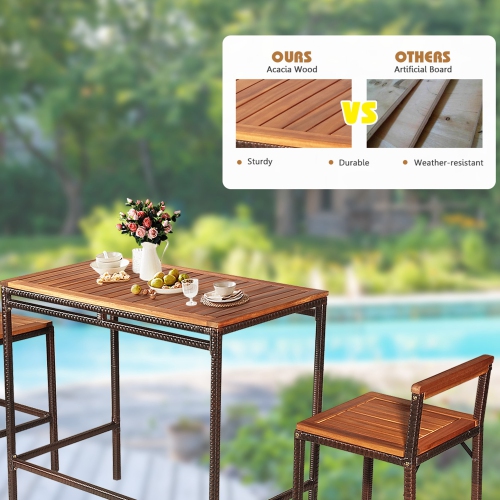 Gymax 3PCS Patio Bar Set Dining Set Outdoor Furniture Set w/ Wooden Tabletop