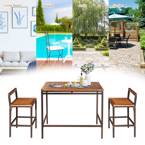 Gymax 3PCS Patio Bar Set Dining Set Outdoor Furniture Set w/ Wooden Tabletop