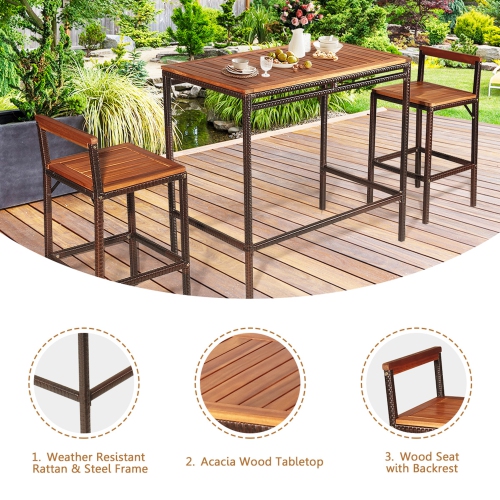 Gymax 3PCS Patio Bar Set Dining Set Outdoor Furniture Set w/ Wooden Tabletop