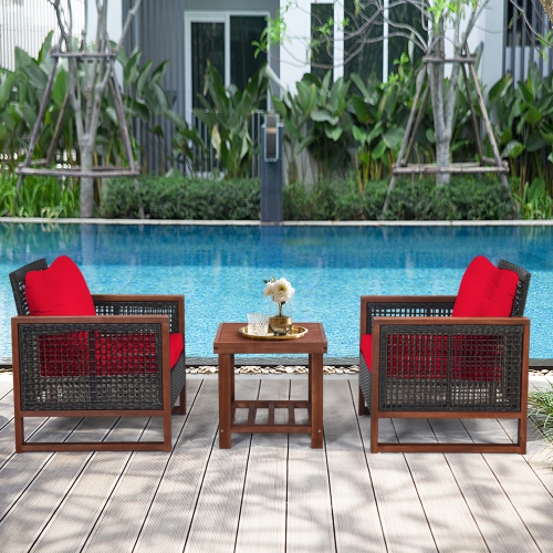 Gymax 3PCS Rattan Wicker Patio Conversation Set Outdoor Furniture Set w/ Red Cushion