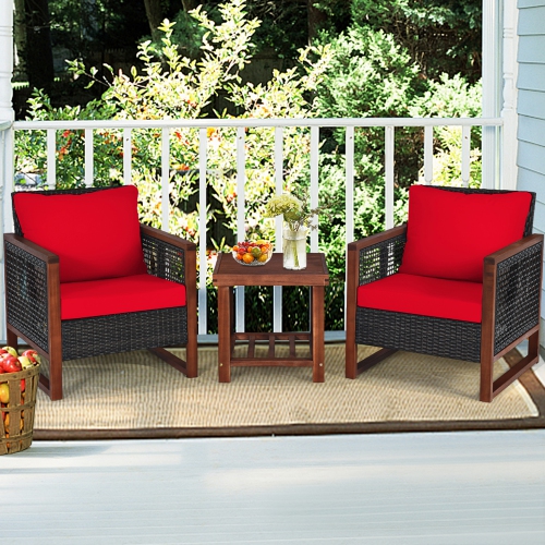 Gymax 3PCS Rattan Wicker Patio Conversation Set Outdoor Furniture Set w/ Red Cushion