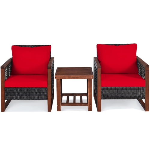 Gymax 3PCS Rattan Wicker Patio Conversation Set Outdoor Furniture Set w/ Red Cushion