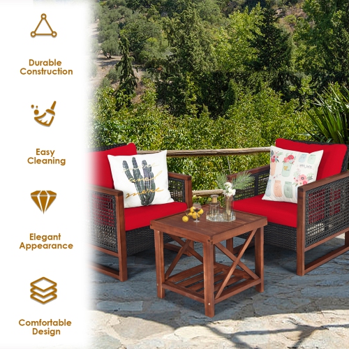 Gymax 3PCS Rattan Wicker Patio Conversation Set Outdoor Furniture Set w/ Red Cushion