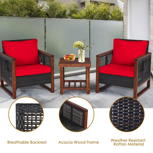 Gymax 3PCS Rattan Wicker Patio Conversation Set Outdoor Furniture Set w/ Red Cushion